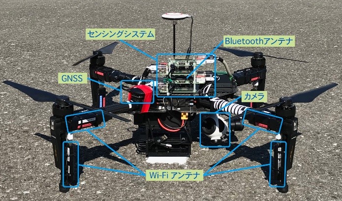 電波を探知できるセンサーを取り付けたドローン。山中の行方不明者の捜索を想定した実験で、スマートフォンやゲーム端末が発する電波を手掛かりに捜索する可能性を探った