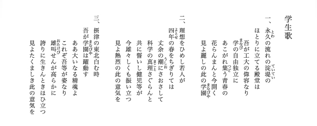 学生歌　　一、永久の流れの淀堤の　ほとりに立てる殿堂は　吾が工大の偉容なり　学びの自由独立に　あこがれ集う青春の　花らんまんと今開く　見よ麗しの此の学園　　二、理想をひめし若人が　四年の春をちぎりては　丈余の潮にさおさして　科学の真理さぐらんと　共に誓いし健児等が　今雄々しくも振い立つ　見よ熱烈の此の意気を　　三、摂津の東北白む時　吾が学園は躍動す　ああ大いなる精魂よ　これぞ吾等が姿なり　雄叫せんが高らかに　誇りに生きんときほひ立つ　見よたくましき此の意気を